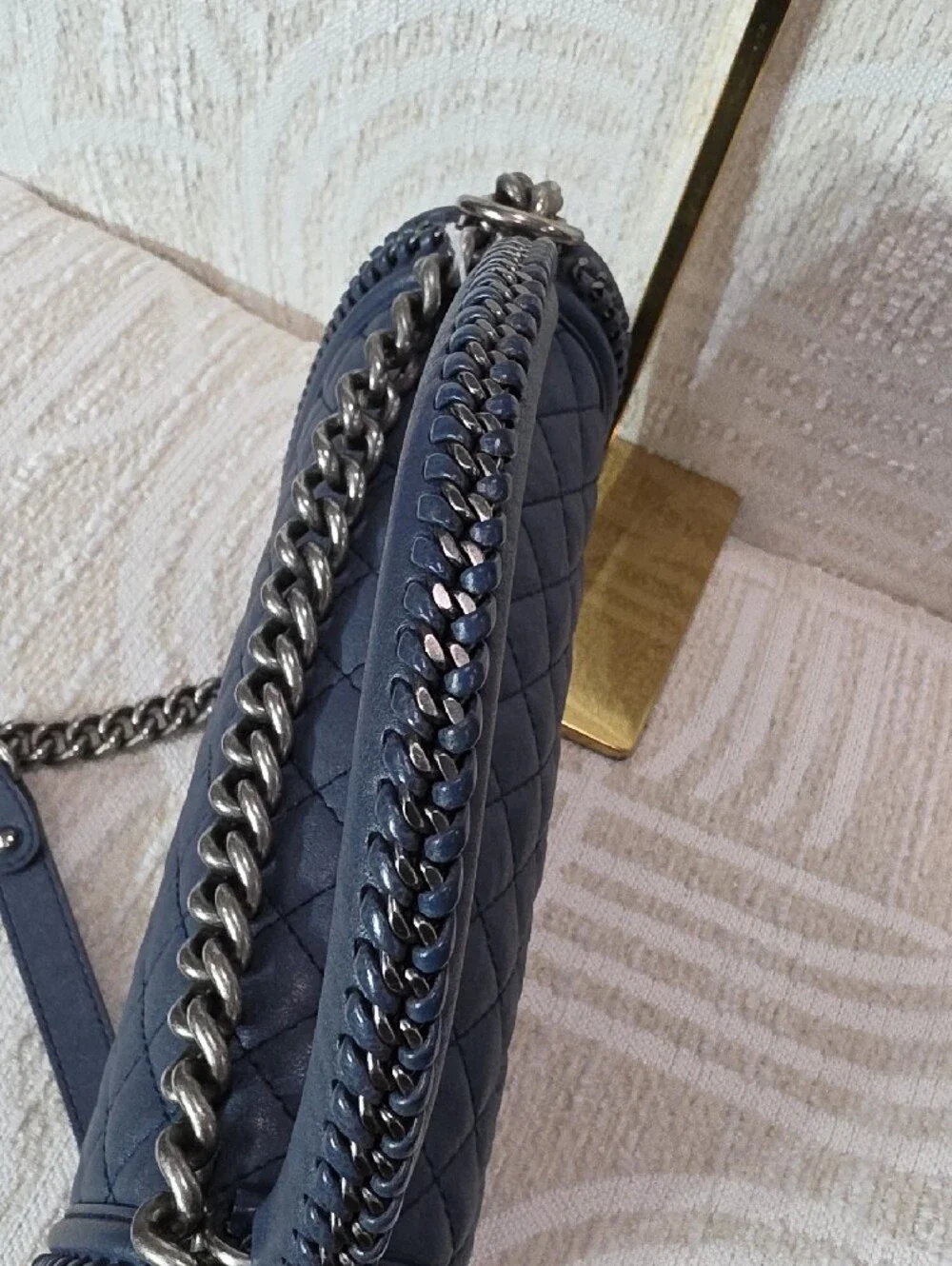 Chanel Boy Large Quilted Navy Leather Chain Top-Handle Shoulder Bag
